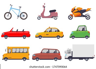 Car, truck, school bus, bike, moped and motorcycle vector cartoon set isolated on a white background.