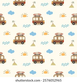 Car truck surfboard cartoon so cute. On cloud sun wave island background. Pattern seamless vector illustration. 