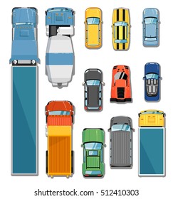 Car and truck top view vector illustration. Commercial freight truck, tipper, concrete mixer, 