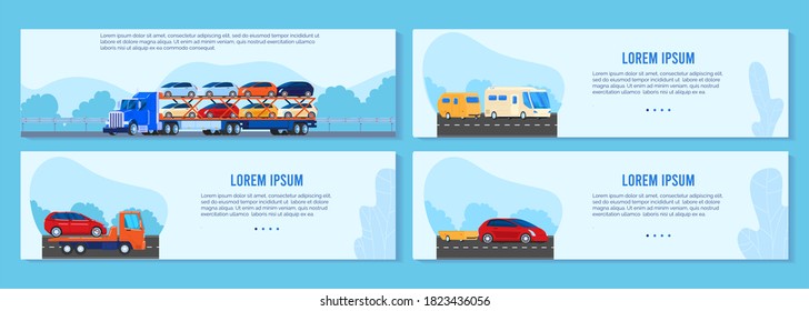 Car truck trailer vector illustration set. Cartoon flat auto transportation banner collection with asphalt road landscapes and different transport car van, semitrailer or towtruck driving on highway