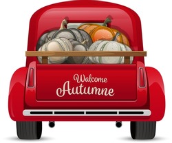  Car With Trunk Full Of Pumpkins. Harvest Truck With Pumpkins. October Print. Autumn Decorative Lettering, Typography. Red Car With Squashes. Red Pick Up Truck.