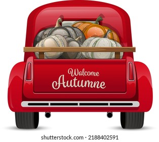  Car with trunk full of pumpkins. Harvest Truck with pumpkins. October print. Autumn decorative lettering, typography. Red car with squashes. Red pick up truck.