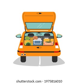 Car trunk is open and full of camping equipment. Automobile, back view with tent, sleeping bag, dishware, picnic fridge, grill grid. Travel by car concept. Vector flat cartoon illustration isolated