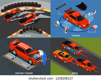 Car tuning 2x2 design concept set of engine and body modifications for drift race isometric vector illustration