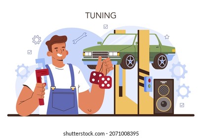 Car tuning. Automobile interior got replaced in car workshop. Mechanic in uniform upgrade a vehicle interior trim. Car full diagnostics. Flat vector illustration.