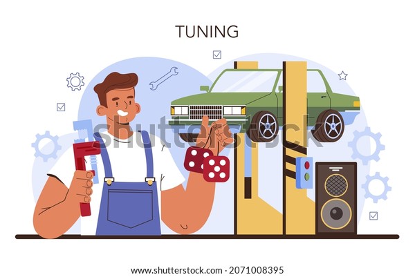 Car tuning. Automobile interior\
got replaced in car workshop. Mechanic in uniform upgrade a vehicle\
interior trim. Car full diagnostics. Flat vector\
illustration.