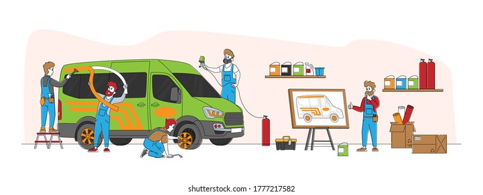 Car Tuning Concept, Automobile Tuner Workers Characters with Instruments Doing Vehicle Modification at Auto Service. Car Body Shop, Transport Upgrade, Painting. Linear People Vector Illustration