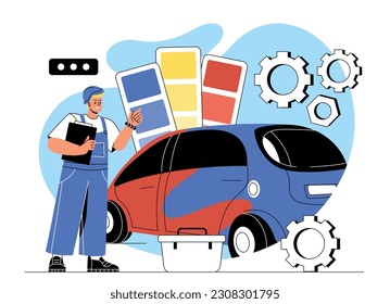 Car tuning concept. Man in uniform repaints automobile, worker chooses color. Vehicle upgrade and modernization. Maintenance and garage, car service. Cartoon flat vector illustration