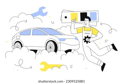 Car tuning concept. Man in uniform selects color for automobile, modernization. Car service worker repairing vehicle. Business and industry. Professional assistance. Linear flat vector illustration