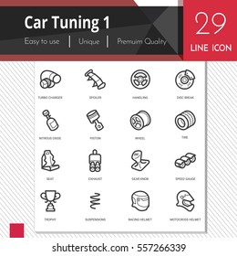 Car tuning elements vector icons set 1 on white background.  Premium quality outline symbol collection. Stroke vector logo concept, web graphics.