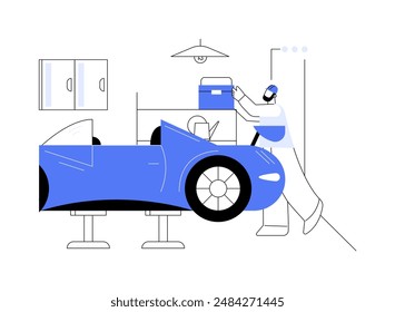 Car tuning garage abstract concept vector illustration. Repairman customize sport transport in garage, car tuning, professional street racing, vehicle maintenance abstract metaphor.