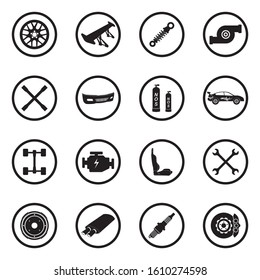 Car Tuning Icons. Black Flat Design In Circle. Vector Illustration.