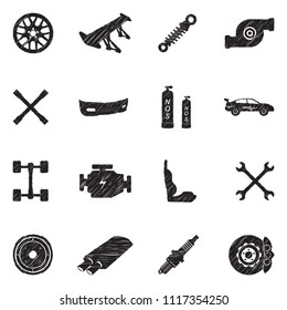 Car Tuning Icons. Black Scribble Design. Vector Illustration.
