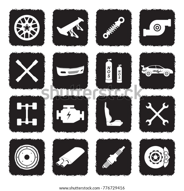 Car Tuning Icons. Grunge Black Flat Design. Vector\
Illustration. 