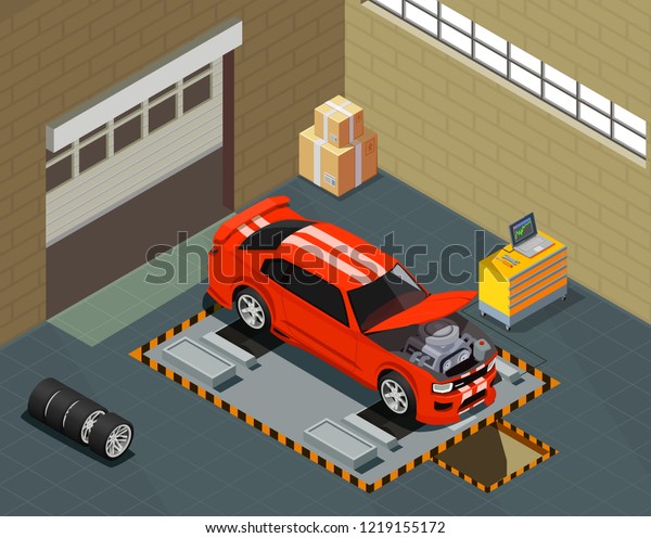 Car tuning isometric\
composition with automobile on lift in auto repair service interior\
vector illustration