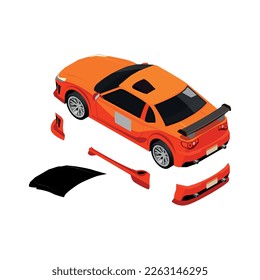 Car tuning isometric composition with icons of detached car parts on blank background vector illustration