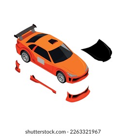 Car tuning isometric composition with icons of detached car parts on blank background vector illustration