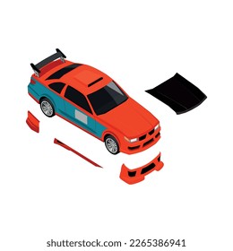 Ajuste de la composición isométrica del automóvil con iconos de piezas de coche despegadas en la ilustración vectorial de fondo en blanco