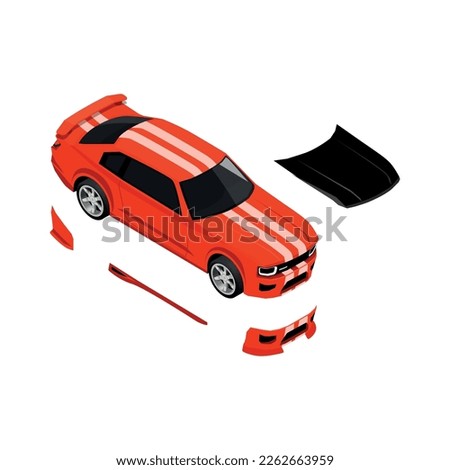Car tuning isometric composition with icons of detached car parts on blank background vector illustration