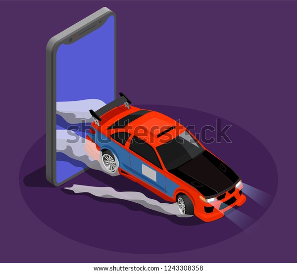 Car\
tuning isometric design concept symbolizing drift race by burnout\
car leaving screen of smartphone vector\
illustration