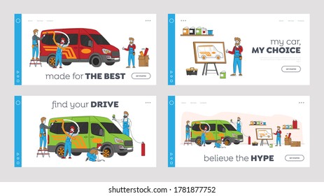 Car Tuning Landing Page Template Set. Automobile Tuner Worker Characters with Tools, Vehicle Modification at Auto Service. Car Body Shop, Transport Upgrade, Painting. Linear People Vector Illustration