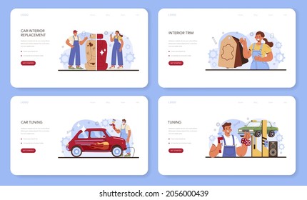 Car tuning web banner or landing page set. Automobile interior got replaced in car workshop. Mechanic in uniform upgrade a vehicle interior trim. Car full diagnostics. Flat vector illustration.