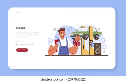 Car tuning web banner or landing page. Automobile interior got replaced in car workshop. Mechanic in uniform upgrade a vehicle interior trim. Car full diagnostics. Flat vector illustration.