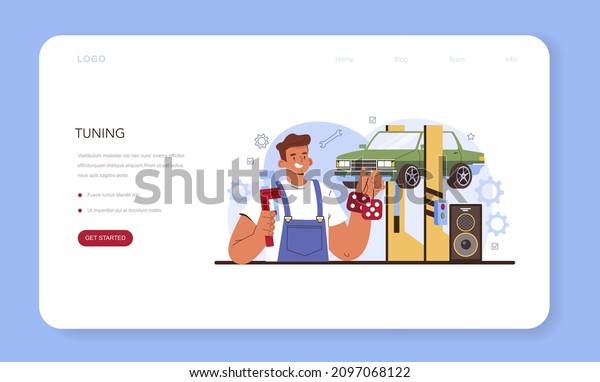 Car\
tuning web banner or landing page. Automobile interior got replaced\
in car workshop. Mechanic in uniform upgrade a vehicle interior\
trim. Car full diagnostics. Flat vector\
illustration.