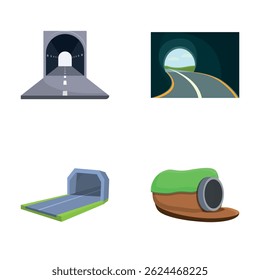 Car tunnel icons set cartoon vector. Interior of walkway tunnel road. Infrastructure concept