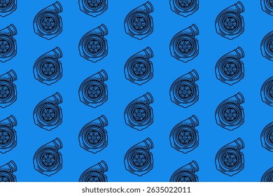 carro turbo carregador gravura linha arte padrão sem emenda no fundo azul. retro auto sistema de reforço padrão de hachura papel de parede para esporte, automotivo, garagem, peça de reposição, mercadoria da indústria