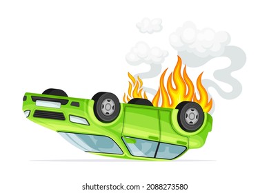 Car turned upside down in fire. Damaged vehicle, car insurance case vector illustration