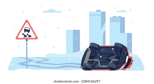 Car turns over on slippery road. Transport accident. Highway covered by snow. Ice-crusted automobile speedway. Auto transportation. Damaged vehicle. Dangerous traffic