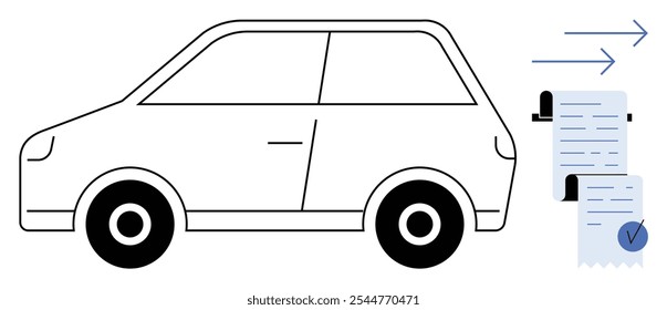 Car with two documents featuring arrows and checkmark. Ideal for vehicle repair, maintenance, approval processes, transportation, and automotive service themes. Simple line art style
