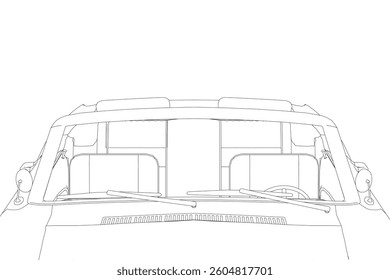 A car with two seats and a windshield. The car is white and has a black stripe. The car is parked on a white background