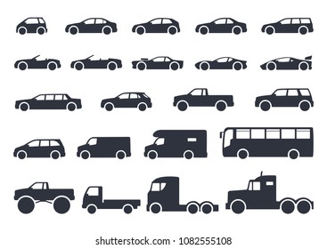 Car type icons set. Vector black illustration isolated on white background with shadow. Variants of model automobile body silhouette for web