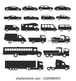 Car type icons set. Vector black illustration isolated on white background with shadow. Variants of model automobile body silhouette for web with title