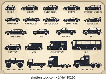 Car type icons set. Vector black vintage illustration isolated on beige background with shadow. Variants of model automobile and moto body silhouette for web with title.