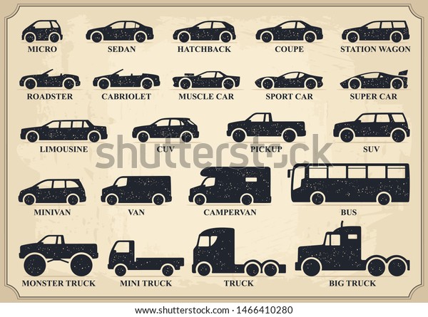 Car type icons set. Vector\
black vintage illustration isolated on beige background with\
shadow. Variants of model automobile and moto body silhouette for\
web with title.