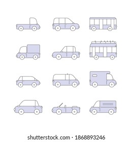 Car Type and Model Objects icon Set. Variants of automobile body silhouettes for web. Car vector line icon set. Vector illustration.