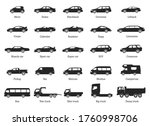 Car Type and Model Objects icons Set .Vector black illustration isolated on white background. Variants of automobile body silhouette for web.