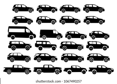 Car Type and Model Objects icons Set . Vector black illustration isolated on white background. Variants of automobile body silhouette for web. Silhouette cars on a white background Vector illustration