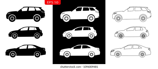 Car Type and Model Objects icons Set . Vector black illustration isolated on white background. Variants of automobile body silhouette for web. Silhouette cars on a white background Vector illustration