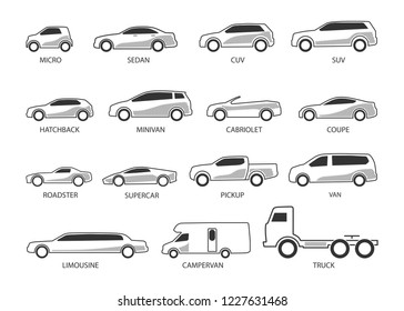 Car Type and Model Objects icons Set . Vector illustration isolated on white background with shadow. Variants of automobile body, car silhouette for web, template.