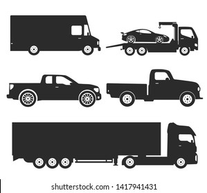 Car Type and Model Objects icons Set . Vector black illustration isolated on white background with shadow. Variants of automobile body silhouette for web