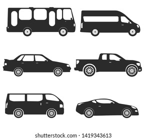 Car Type and Model Objects icons Set . Vector black illustration isolated on white background with shadow. Variants of automobile body silhouette for web 