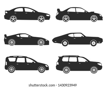 Car Type and Model Objects icons Set . Vector black illustration isolated on white background. Variants of automobile body silhouette for web.