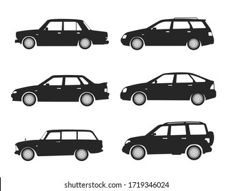 Car Type and Model Objects icons Set. Vector black illustration isolated on white background. Variants of automobile body silhouette for web