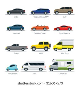 Car Type And Model Objects Icons Set, Multicolor, Automobile