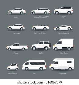 Car Type And Model Objects Icons Set, White Body Color, Automobile