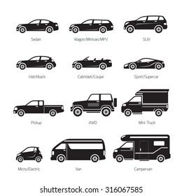 Car Type and Model Objects icons Set, Black and white, Silhouette, Automobile